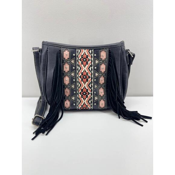 None Handbags - Montana West Conceal Carry Crossbody Black Orange Fringe‎ Western Embroidery